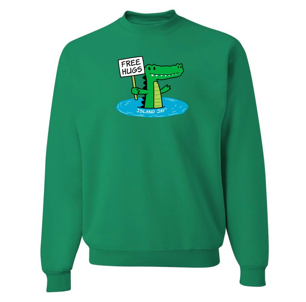 Green sweatshirt with a cartoon alligator holding a 'Free Hugs' sign on a white background