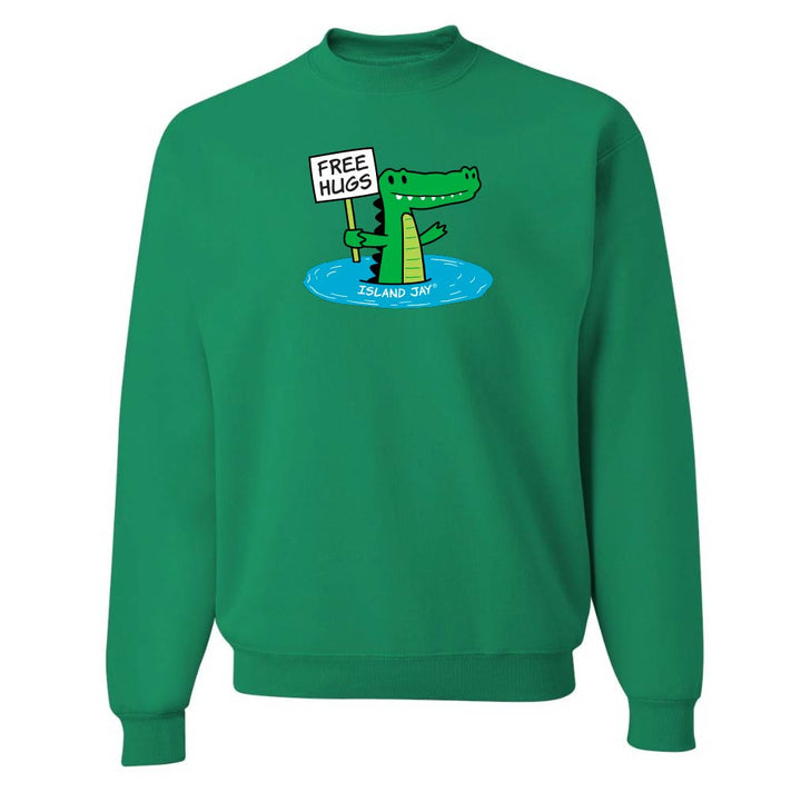 Green sweatshirt with a cartoon alligator holding a 'Free Hugs' sign on a white background