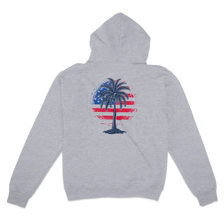 Gray hoodie with a palm tree and American flag design on the back against a white background