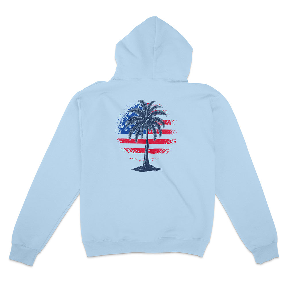 Light blue hoodie with a palm tree and American flag design on the back against a white background
