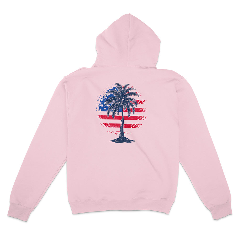 Pink hoodie with a palm tree and American flag design on the back against a white background