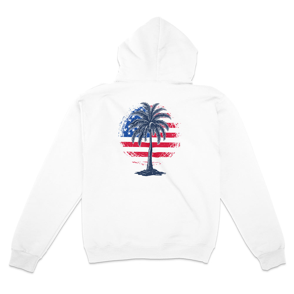 White hoodie with a palm tree design on an American flag background