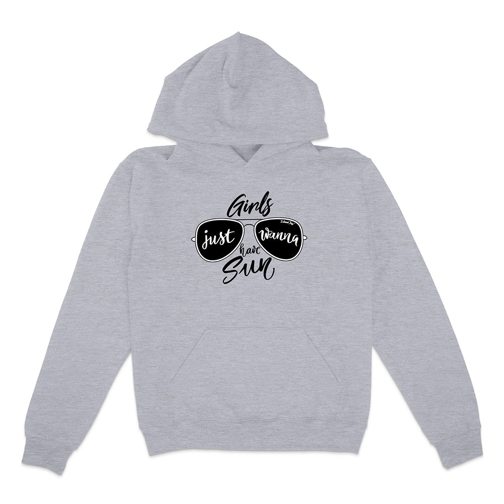 Gray hoodie with sunglasses graphic and text on a white background
