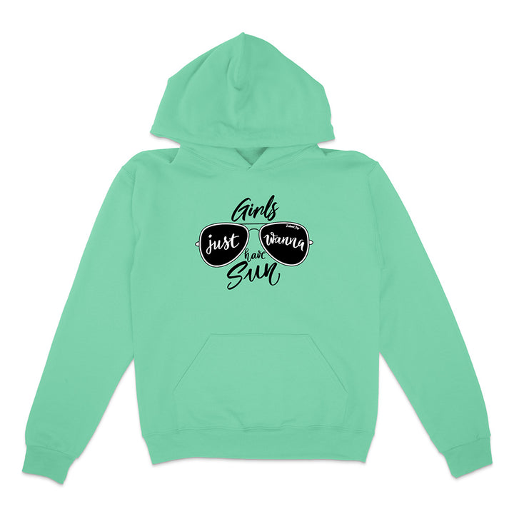 Mint green hoodie with sunglasses graphic and text on a white background