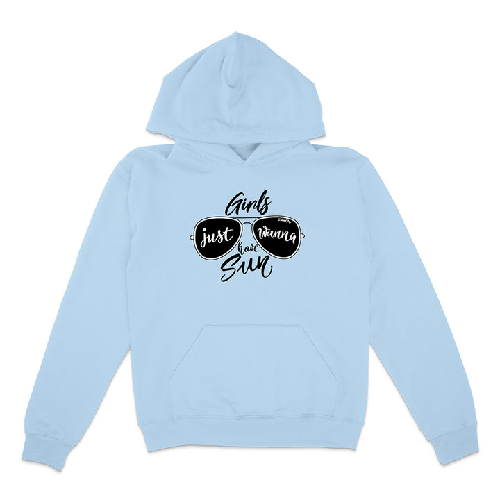Light blue hoodie with sunglasses graphic and text on a white background
