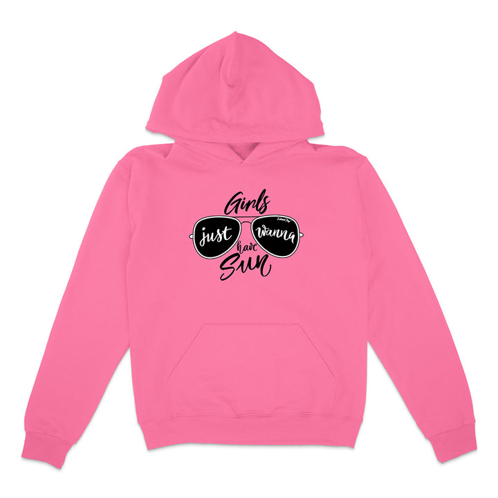Pink hoodie with sunglasses graphic and text on a white background