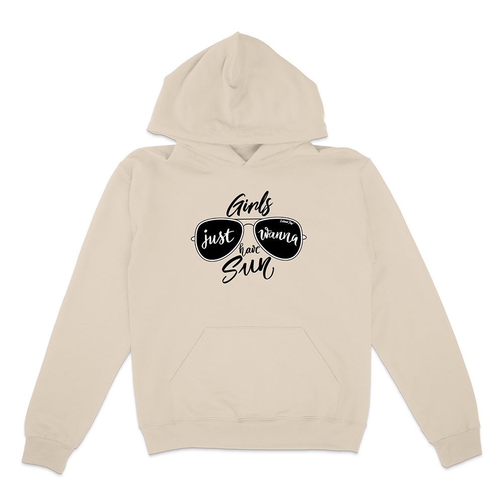 Beige hoodie with sunglasses graphic and text on a white background