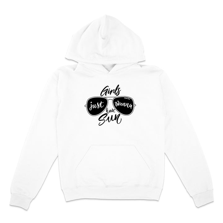 White hoodie with black sunglasses graphic and text on a white background