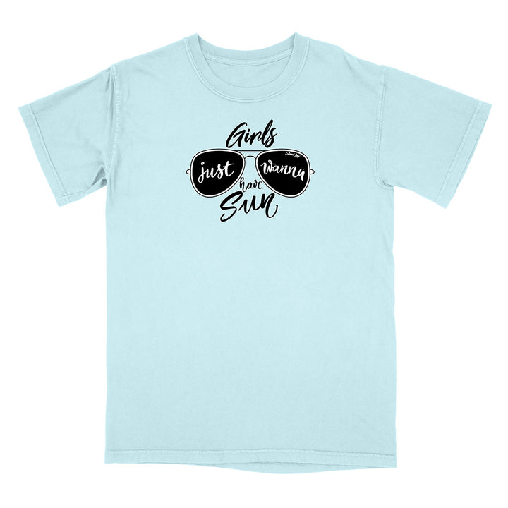 Light blue t-shirt with black text and sunglasses graphic on a white background