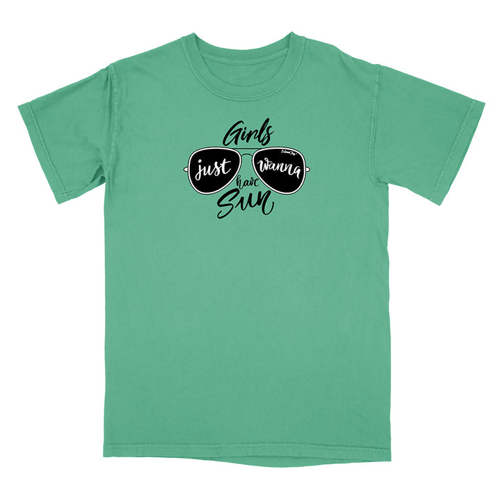 Green t-shirt with black sunglasses graphic and text on a white background
