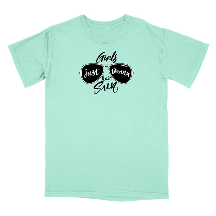 Mint green t-shirt with black sunglasses graphic and text on a white background