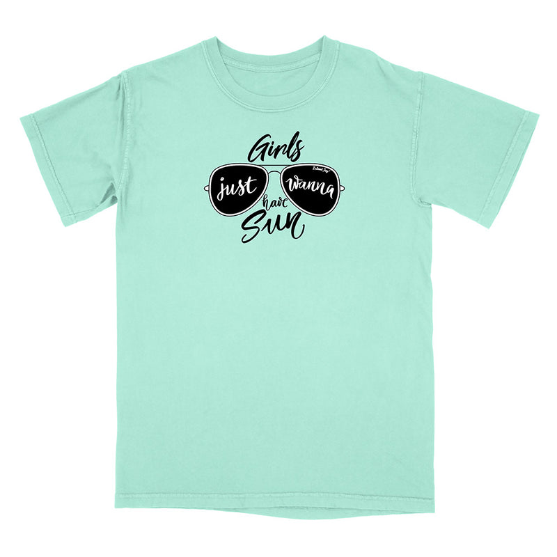 Mint green t-shirt with black sunglasses graphic and text on a white background