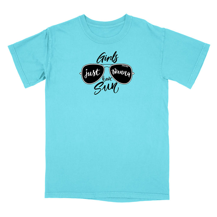 Light blue t-shirt with black sunglasses graphic and text on a white background