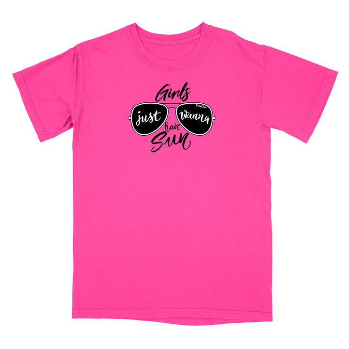 Pink t-shirt with sunglasses graphic and text on a white background
