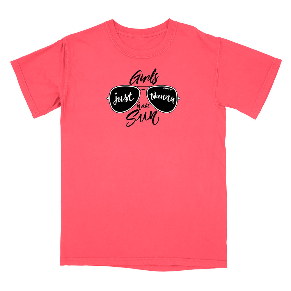 Pink t-shirt with sunglasses graphic and text on a white background