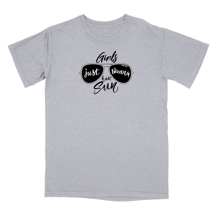 Gray t-shirt with black sunglasses graphic and text on a white background