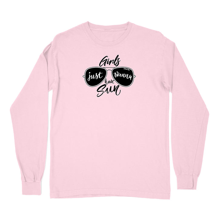 Pink long-sleeve shirt with sunglasses graphic and text on a white background