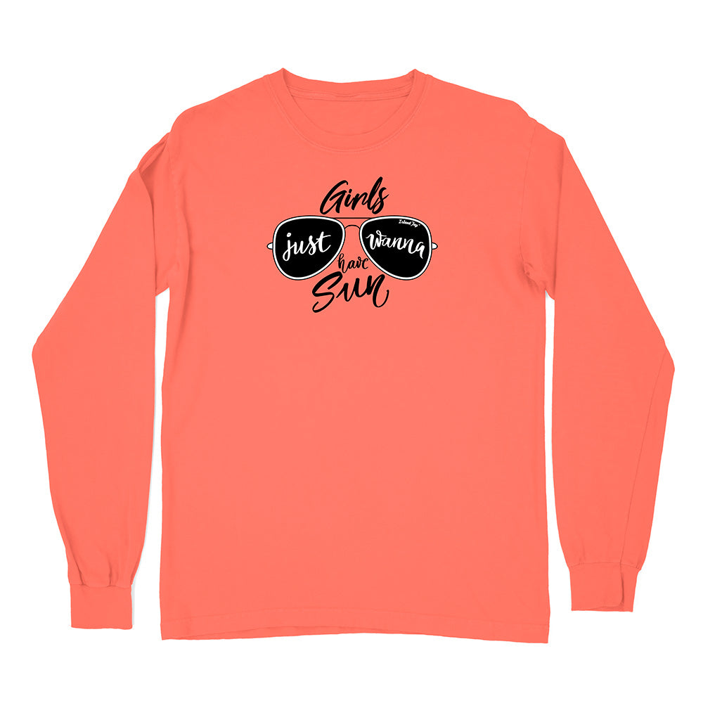 Coral long-sleeve shirt with sunglasses graphic and text on a white background