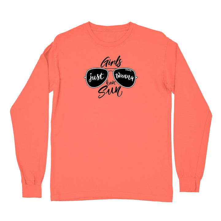 Coral long-sleeve shirt with sunglasses graphic and text on a white background