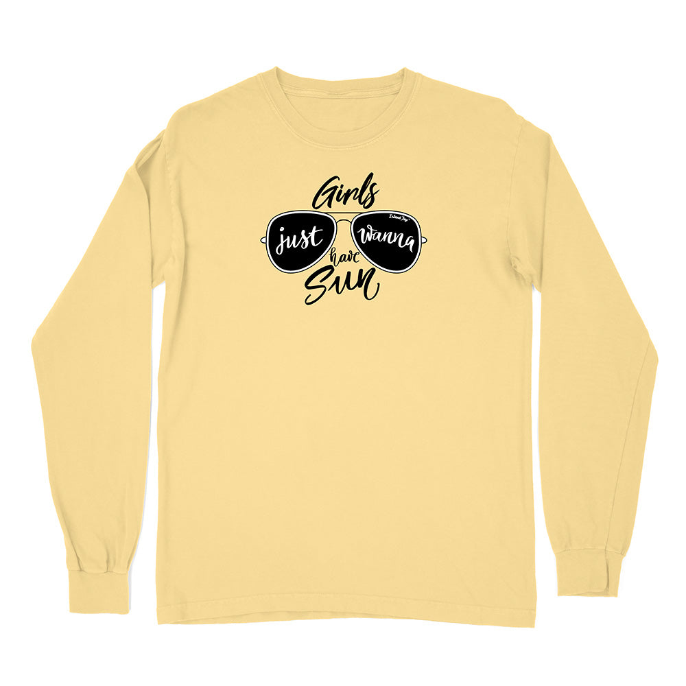 Yellow long-sleeve shirt with sunglasses graphic and text on a white background