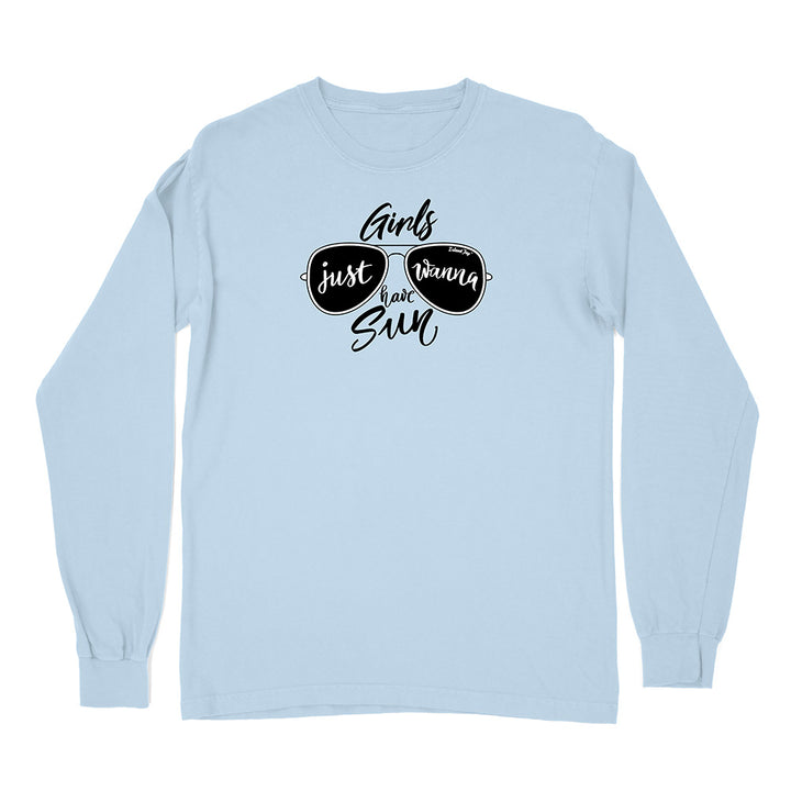 Light blue long-sleeve shirt with sunglasses graphic and text on a white background