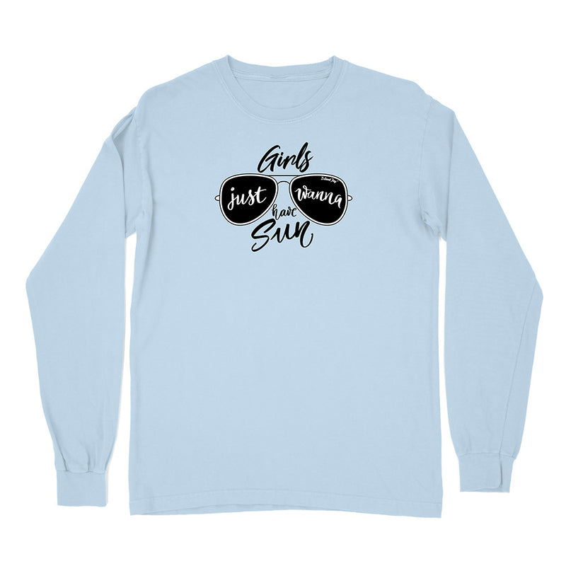 Light blue long-sleeve shirt with sunglasses graphic and text on a white background