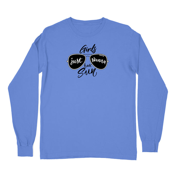 Blue long-sleeve shirt with sunglasses graphic and text on a white background