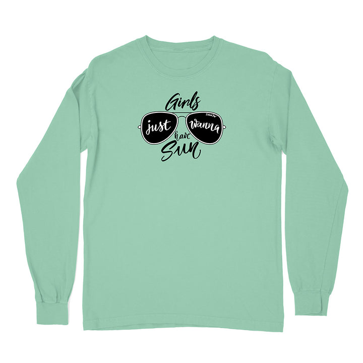 Mint green long-sleeve shirt with sunglasses graphic and text on a white background
