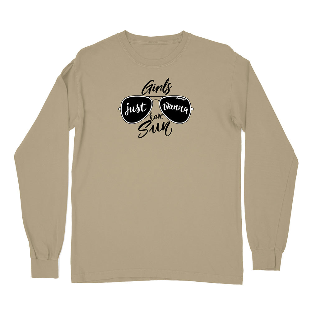 Beige long-sleeve shirt with sunglasses graphic and text on a white background