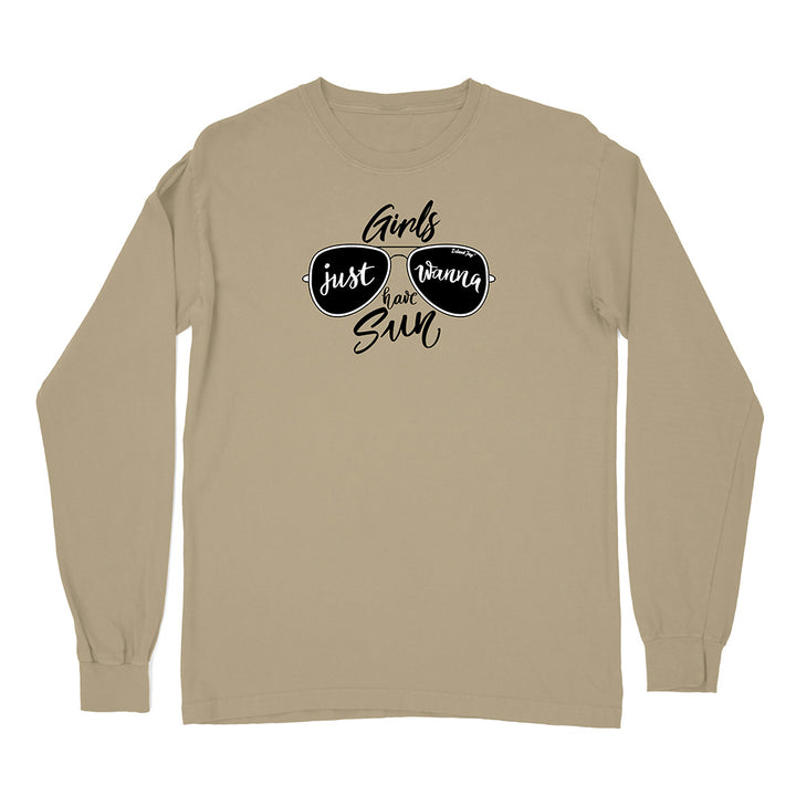 Beige long-sleeve shirt with sunglasses graphic and text on a white background