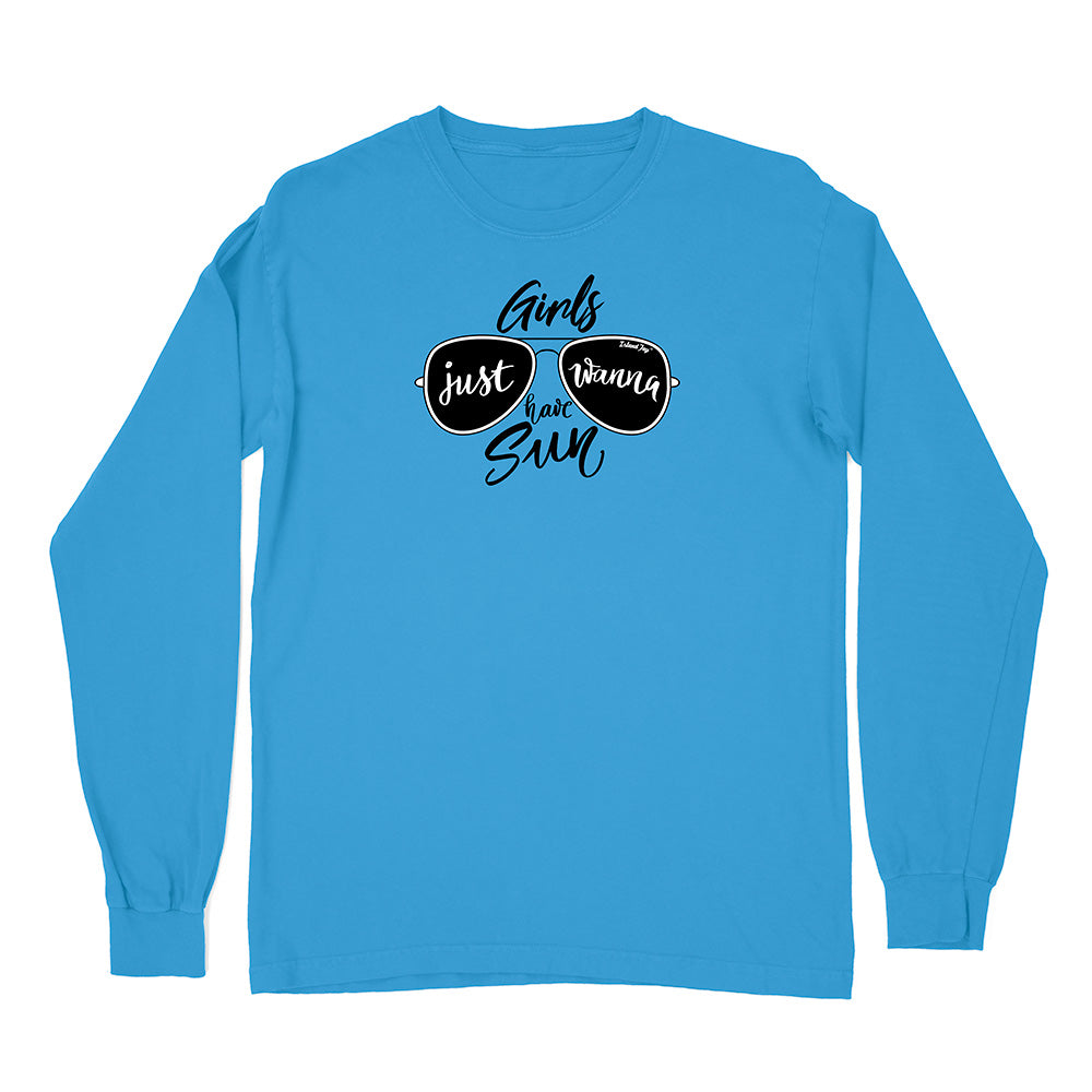 Blue long-sleeve shirt with sunglasses graphic and text on a white background