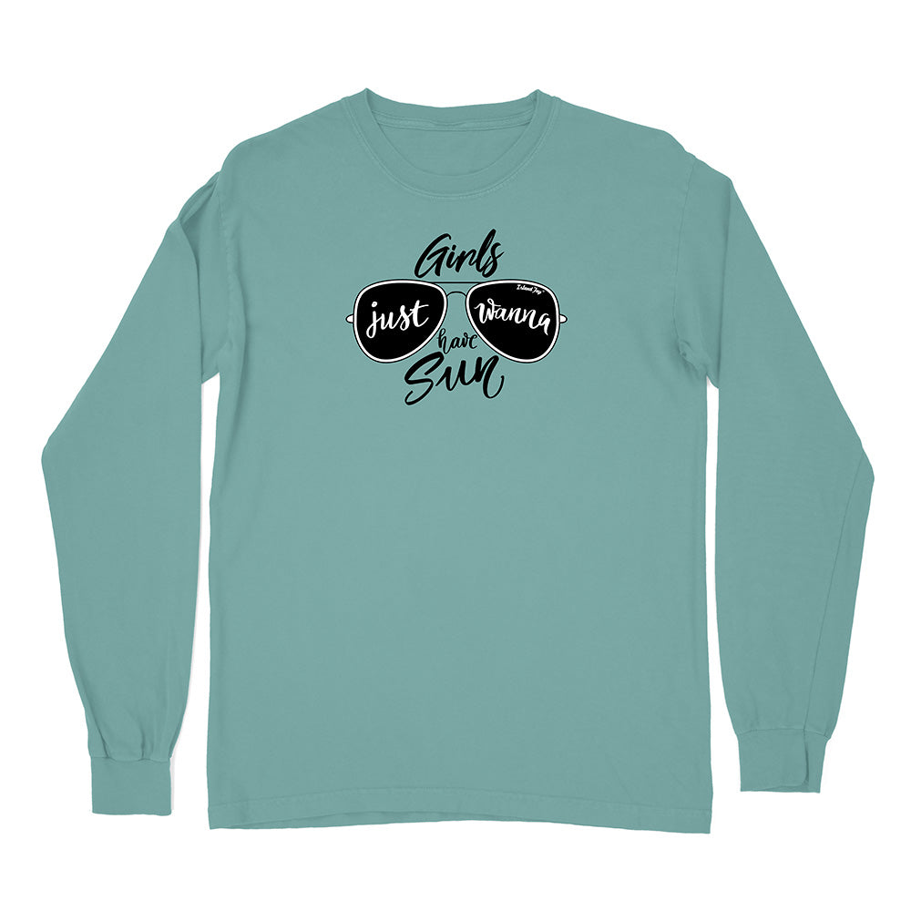 Teal long-sleeve shirt with sunglasses graphic and text on a white background
