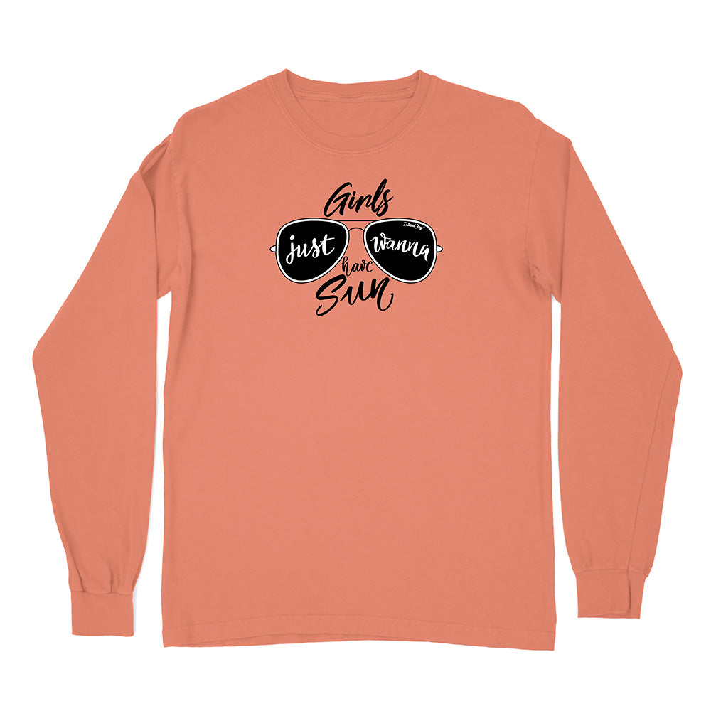 Coral long-sleeve shirt with sunglasses graphic and text on a white background
