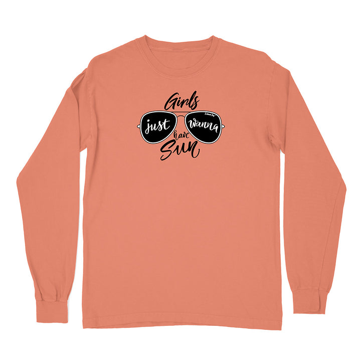 Coral long-sleeve shirt with sunglasses graphic and text on a white background