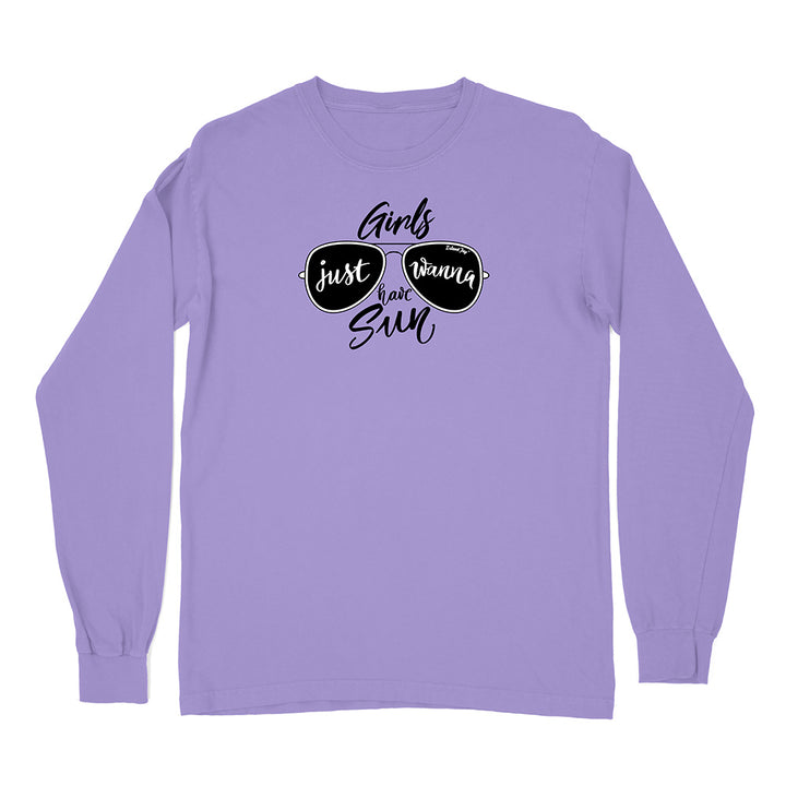 Purple long-sleeve shirt with sunglasses graphic and text on a white background