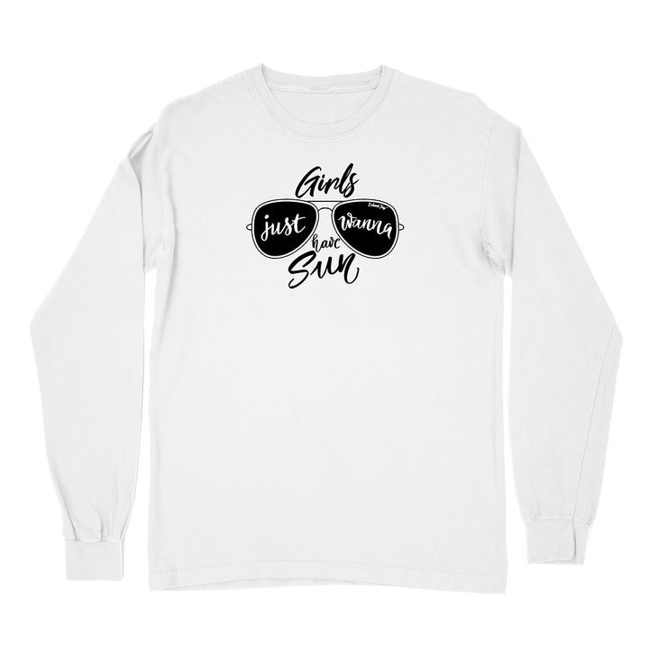 White long-sleeve shirt with black text and sunglasses graphic on a white background