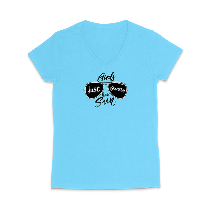 Light blue t-shirt with sunglasses graphic and text reading "Girls Just Wanna Have Sun" on a white background