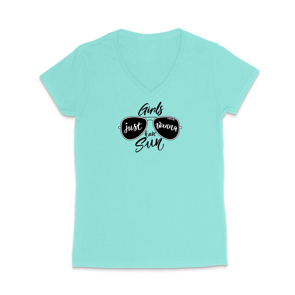 Chill t-shirt with sunglasses graphic and text reading "Girls Just Wanna Have Sun" on a white background
