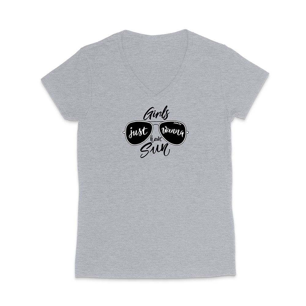 Heather Grey t-shirt with sunglasses graphic and text reading "Girls Just Wanna Have Sun" on a white background