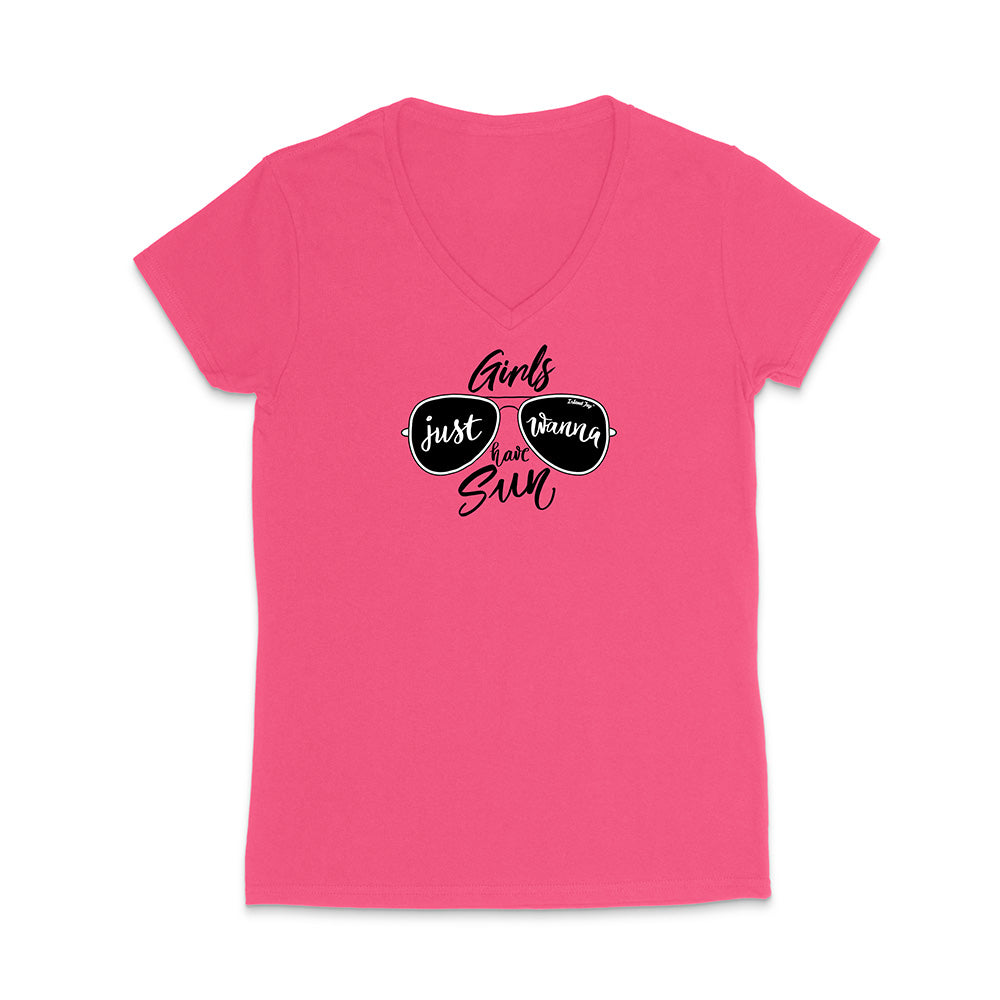 Pink t-shirt with sunglasses graphic and text reading "Girls Just Wanna Have Sun" on a white background