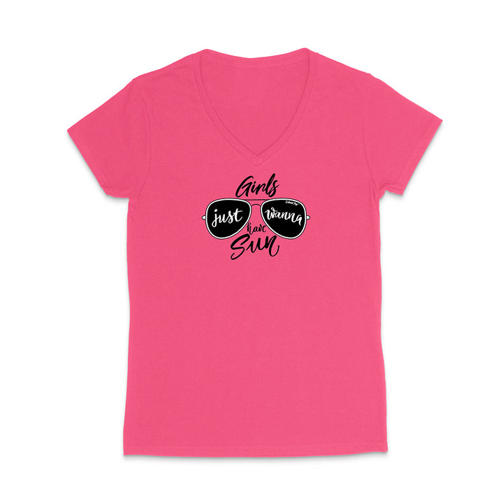 Pink t-shirt with sunglasses graphic and text reading "Girls Just Wanna Have Sun" on a white background