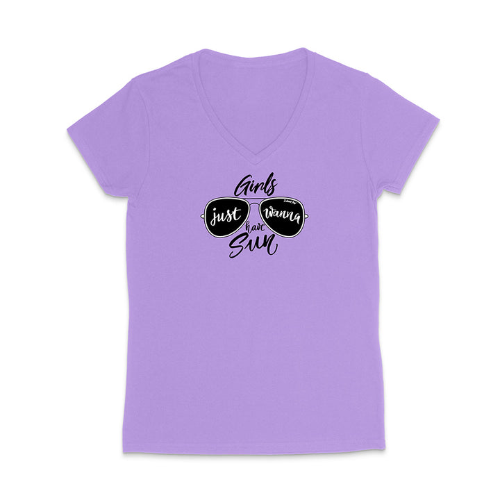 Violet t-shirt with sunglasses graphic and text reading "Girls Just Wanna Have Sun" on a white background