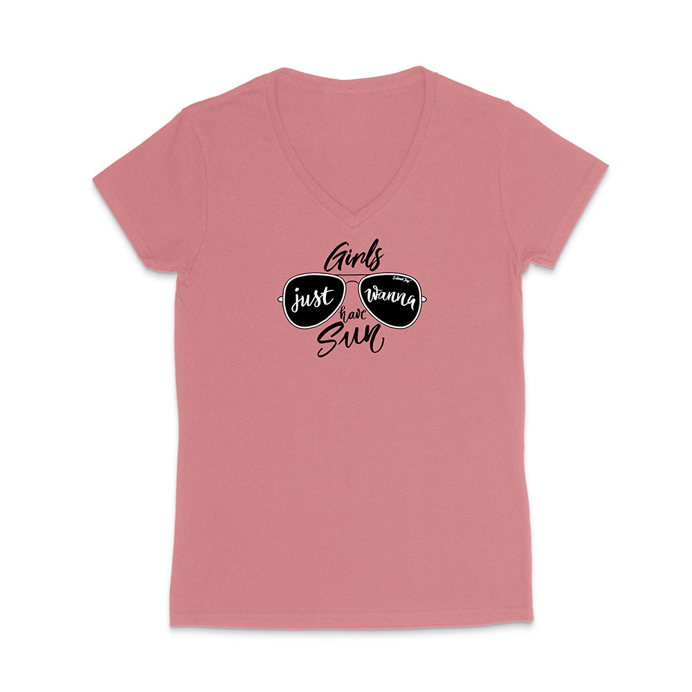 Pink t-shirt with sunglasses graphic and text reading "Girls Just Wanna Have Sun" on a white background