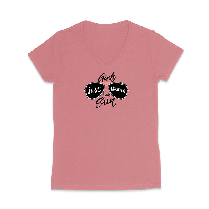 Pink t-shirt with sunglasses graphic and text reading "Girls Just Wanna Have Sun" on a white background