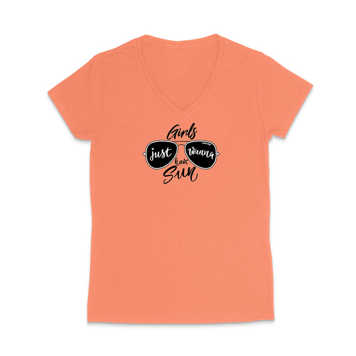 Coral t-shirt with sunglasses graphic and text reading "Girls Just Wanna Have Sun" on a white background