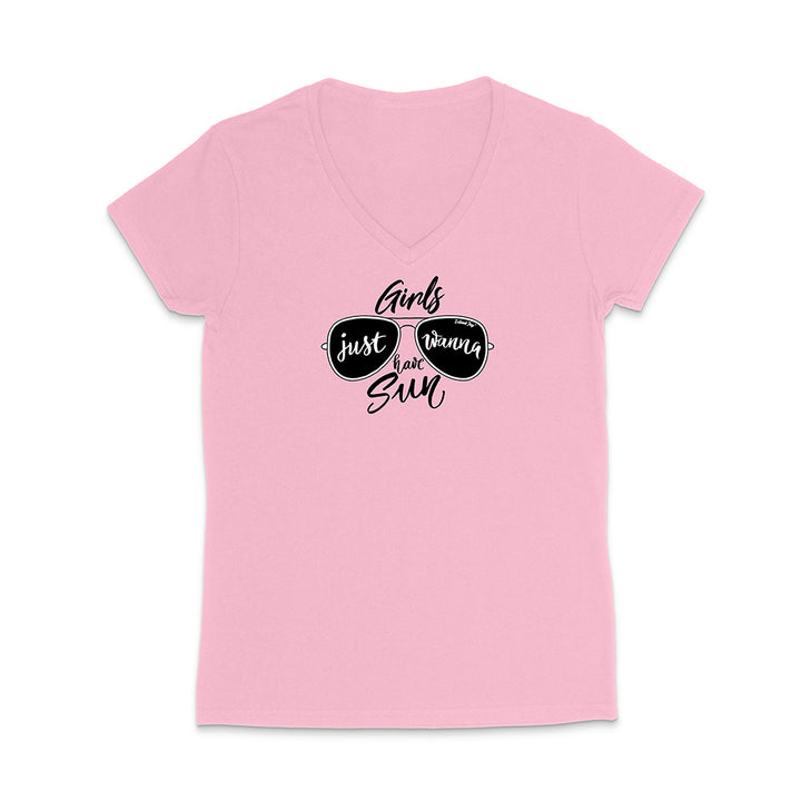 Light Pink t-shirt with sunglasses graphic and text reading "Girls Just Wanna Have Sun" on a white background