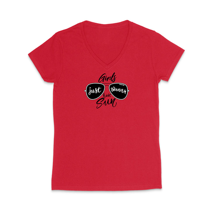 Red t-shirt with sunglasses graphic and text reading "Girls Just Wanna Have Sun" on a white background