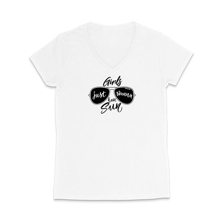 White t-shirt with sunglasses graphic and text reading "Girls Just Wanna Have Sun" on a white background