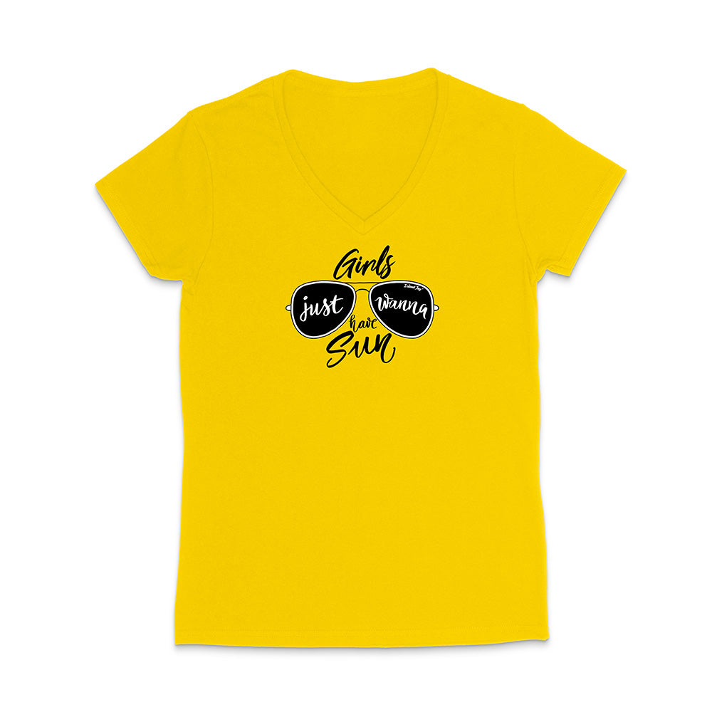 Yellow t-shirt with sunglasses graphic and text reading "Girls Just Wanna Have Sun" on a white background