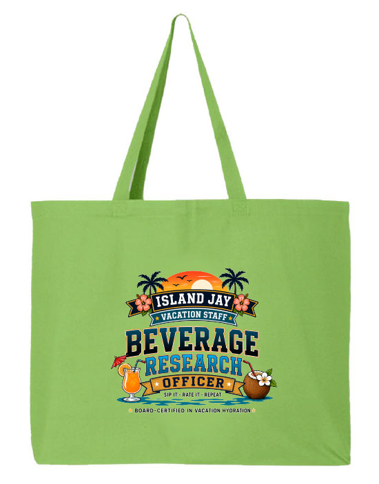 A light green canvas tote bag with two handles, featuring a colorful graphic print on the front that reads 'ISLAND JAY BEVERAGE RESEARCH OFFICER' with tropical illustrations including palm trees, a sunset, a cocktail, and a coconut.